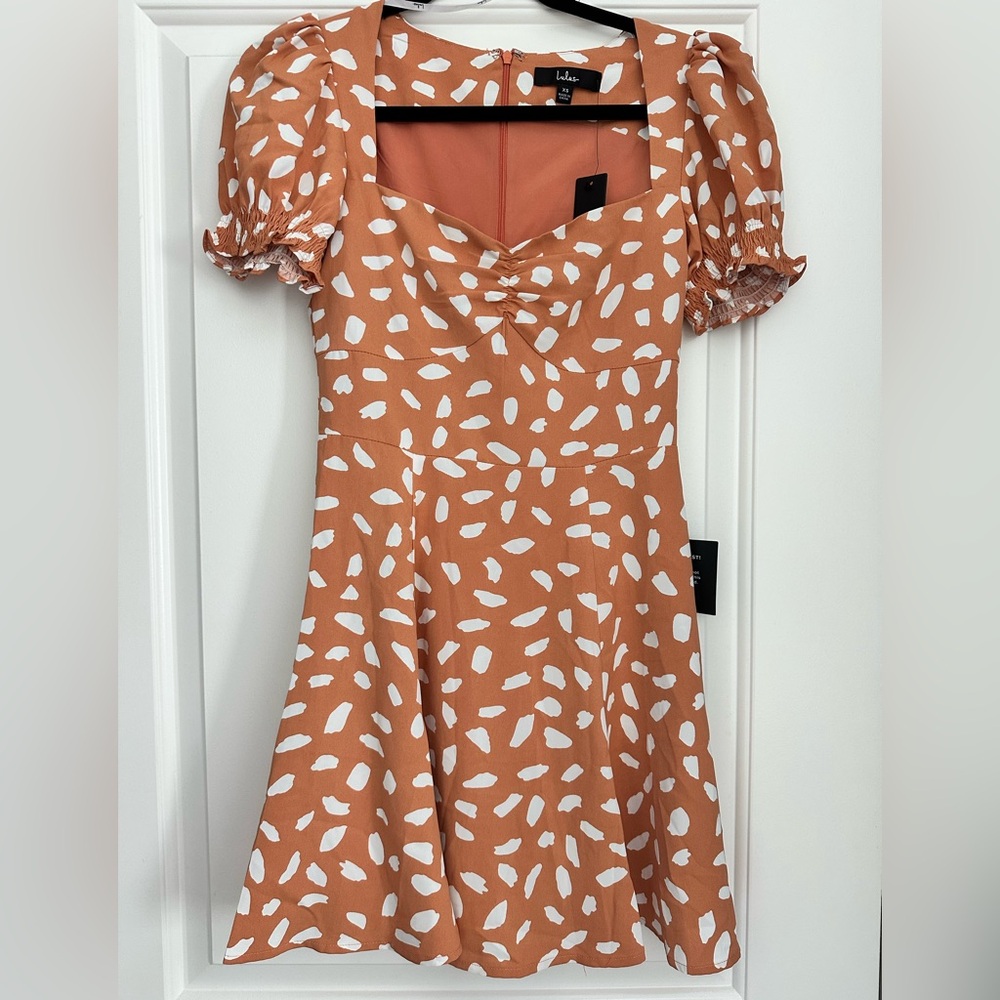 NWT Lulus Oh My Darlin' Orange Print Puff Sleeve Mini Dress XSmall